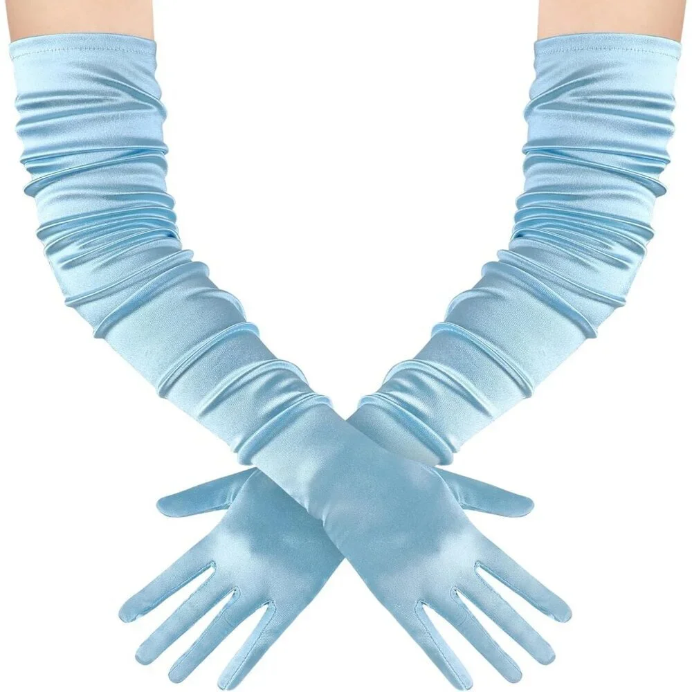 Women's Long Satin Gloves Baby Blue Stretchy Upper Arm Length Costume Design